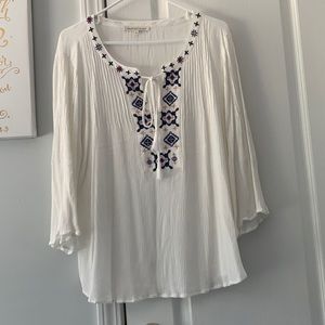 Daniel Rainn white and blue embroidered long sleeve top blouse XL boho cottage.